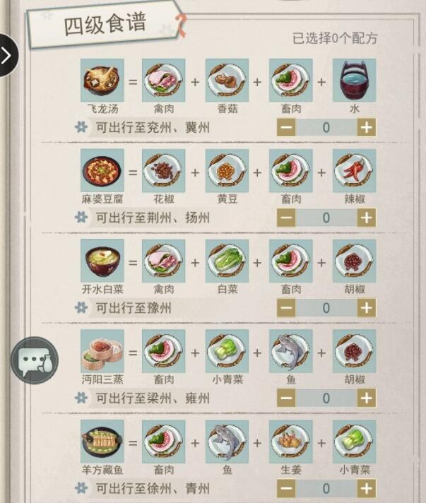 江湖悠悠一级食谱有哪些？